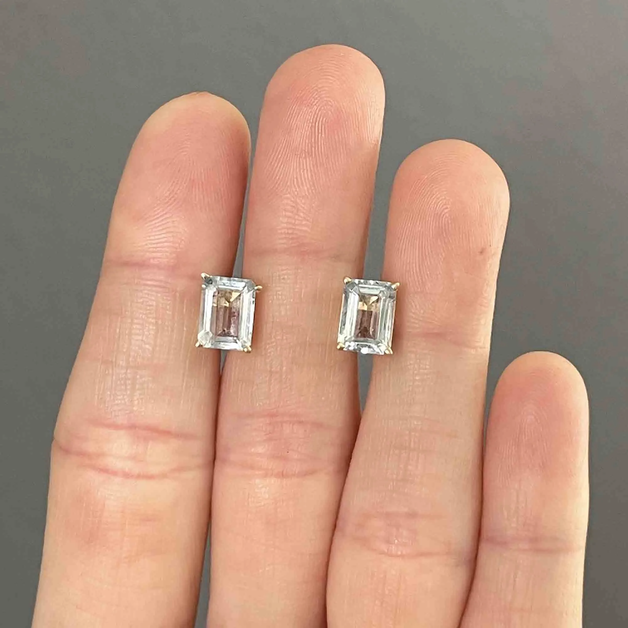 14K Gold Emerald Step Cut Blue Topaz Stud Earrings