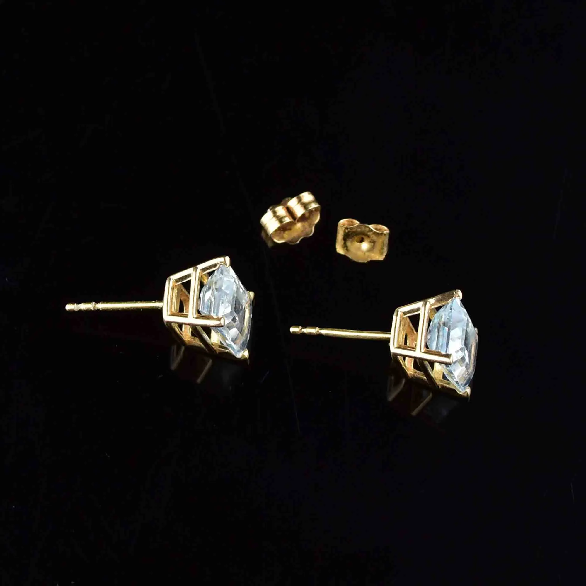 14K Gold Emerald Step Cut Blue Topaz Stud Earrings