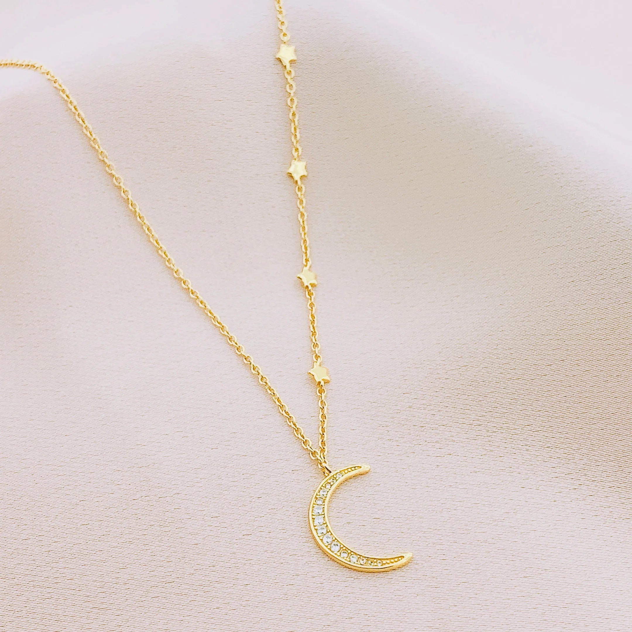 925 Silver CZ Crescent Moon Star Necklace