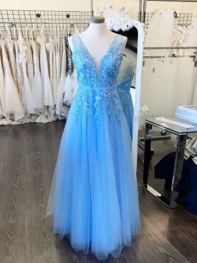 A Line V Neck Backless Lace Light Blue Long Prom Dresses, V Neck Backless Blue Formal Dresses, Backless Lace Blue Evening Dresses