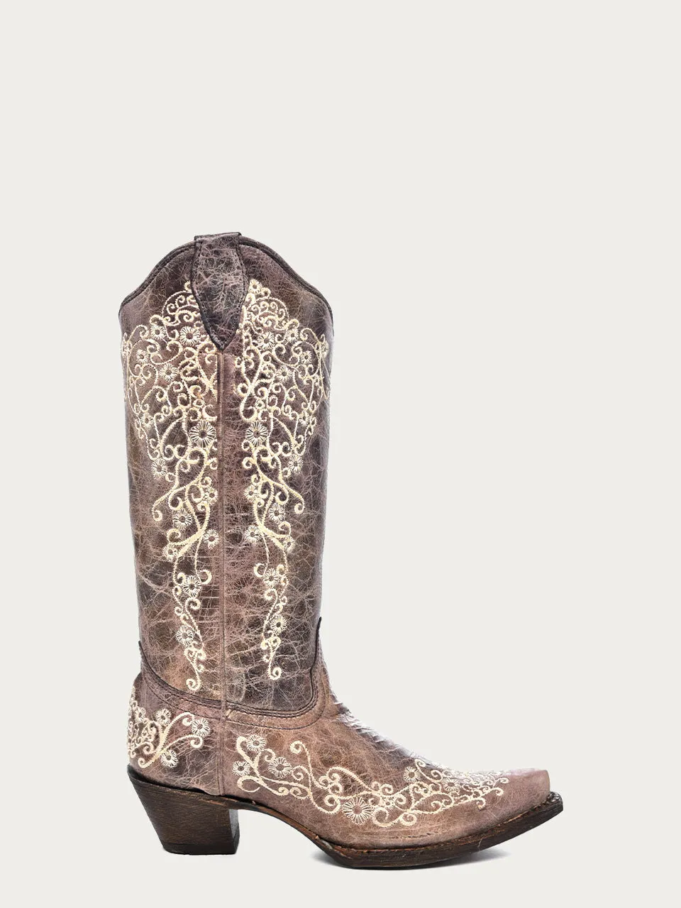 A1094 - WOMEN'S BONE COLOR FLORAL EMBROIDERY COWBOY BOOT