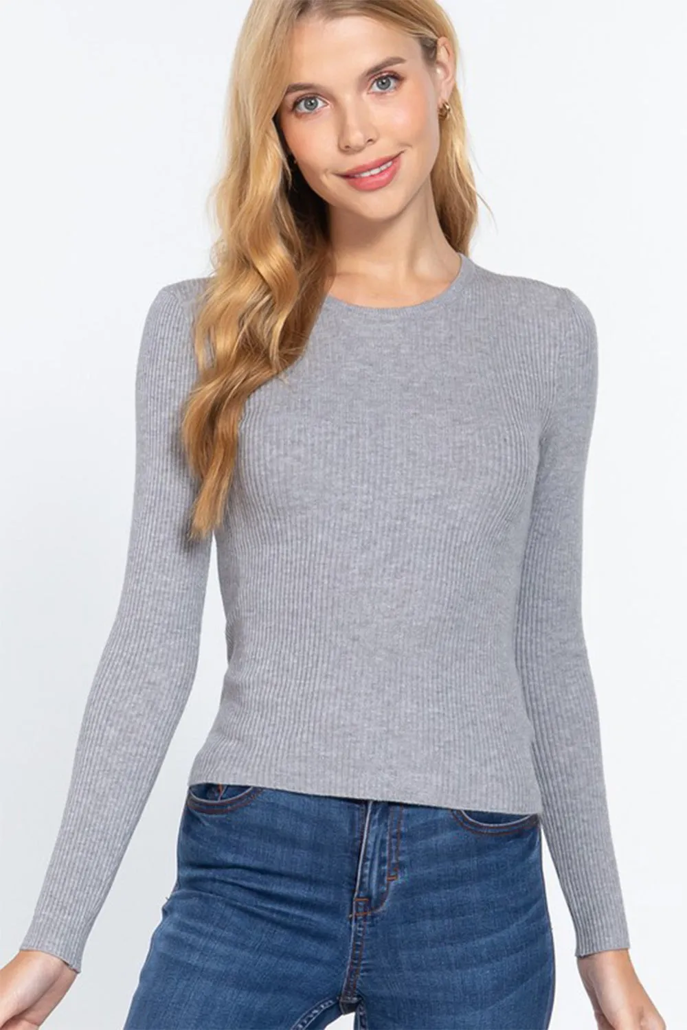 Active Basic Full Size Ribbed Round Neck Long Sleeve Knit Top