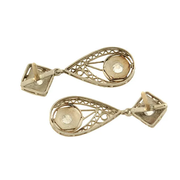 Art Deco 14kt Diamond   Starburst Filigree Teardrop Earrings