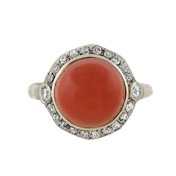 Art Deco 18kt Diamond & Oxblood Coral Ring