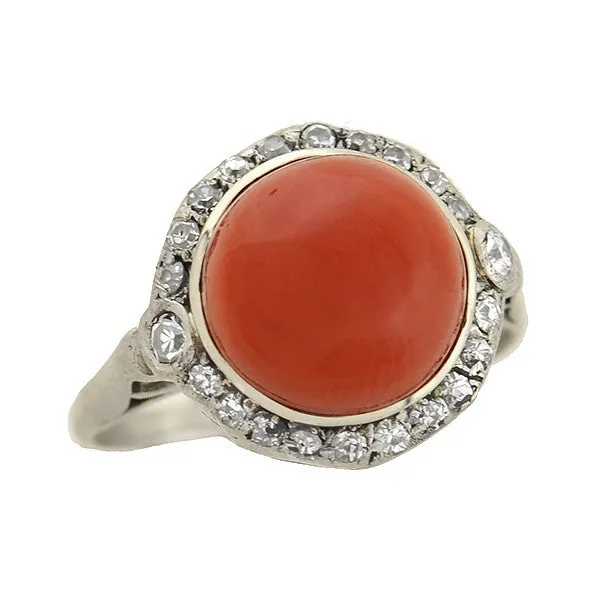 Art Deco 18kt Diamond & Oxblood Coral Ring