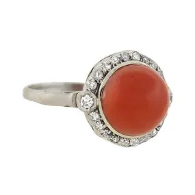 Art Deco 18kt Diamond & Oxblood Coral Ring