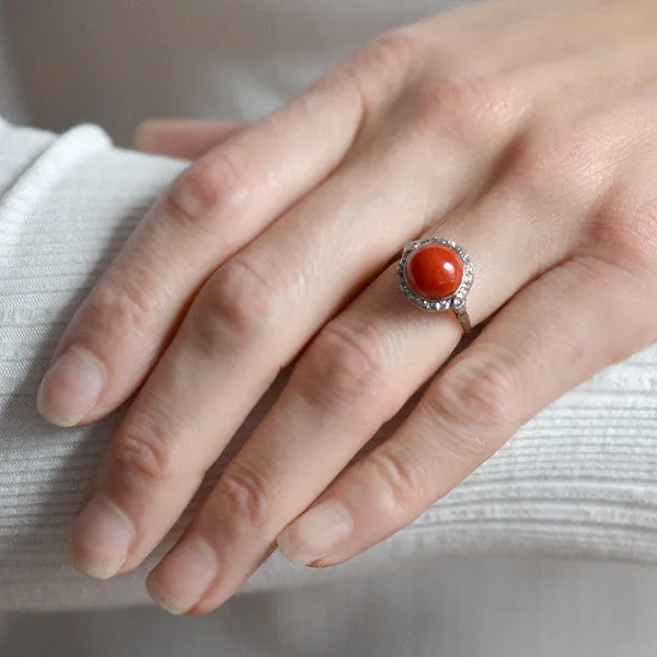 Art Deco 18kt Diamond & Oxblood Coral Ring