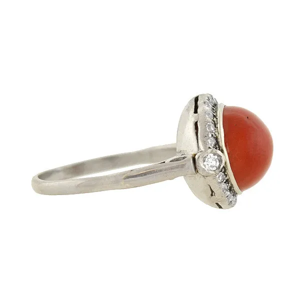 Art Deco 18kt Diamond & Oxblood Coral Ring