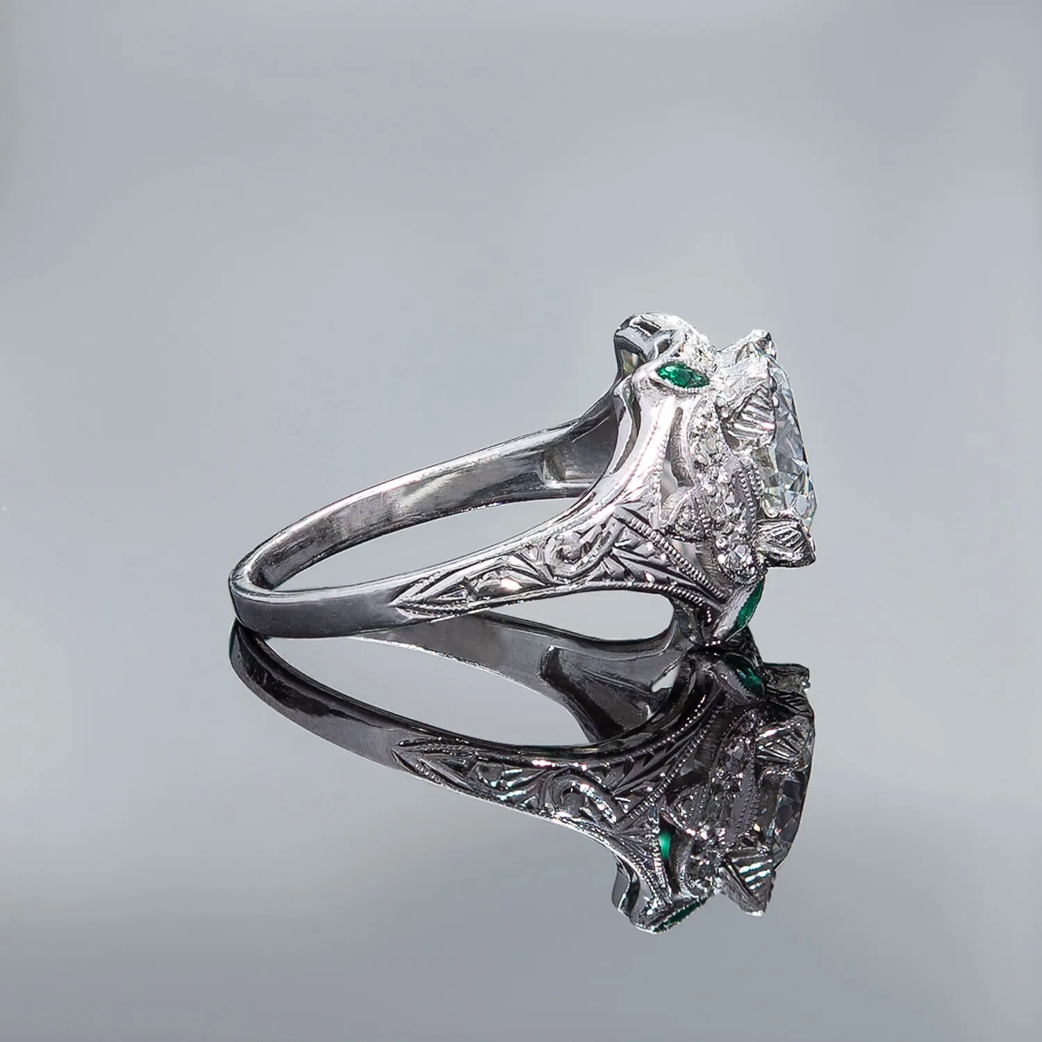 Art Deco Platinum Diamond   Emerald Engagement Ring 1.78ct