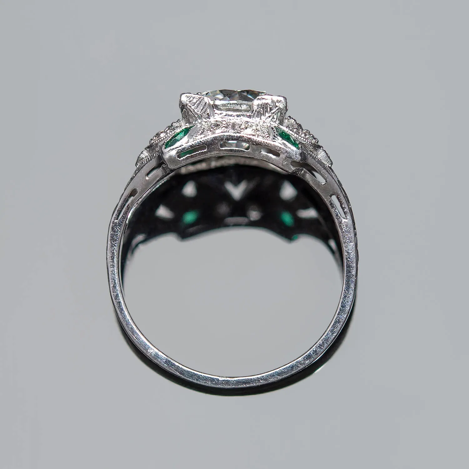 Art Deco Platinum Diamond   Emerald Engagement Ring 1.78ct