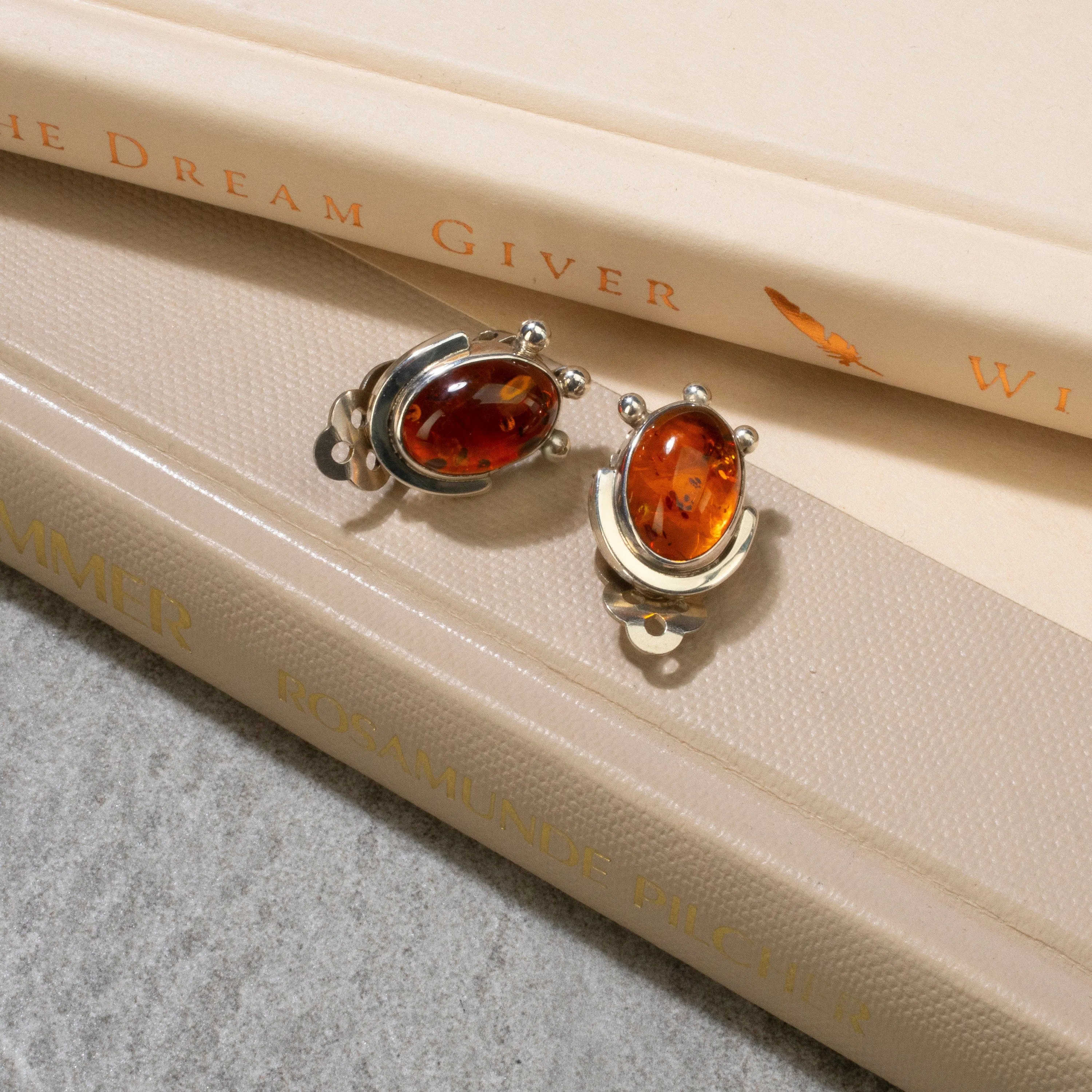 Baltic Amber Oval USA Native American Made 925 Sterling Silver Earrings with Stud Backing