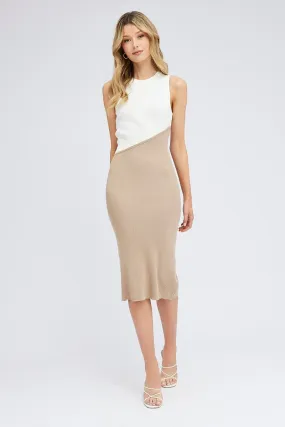 Beige Midi Dress Round Neck Colour Blocked Knit