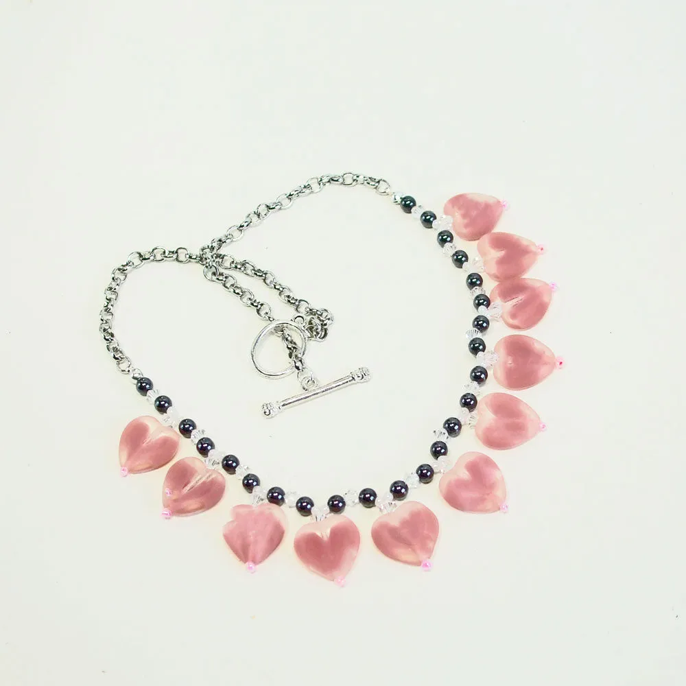 Bela, Pink Glass Hearts, Single Strand, Dangle Necklace