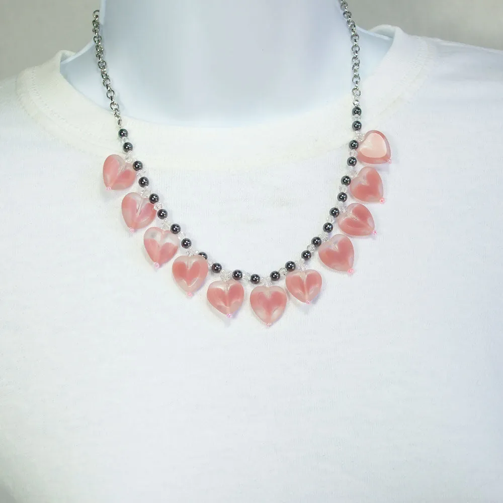 Bela, Pink Glass Hearts, Single Strand, Dangle Necklace