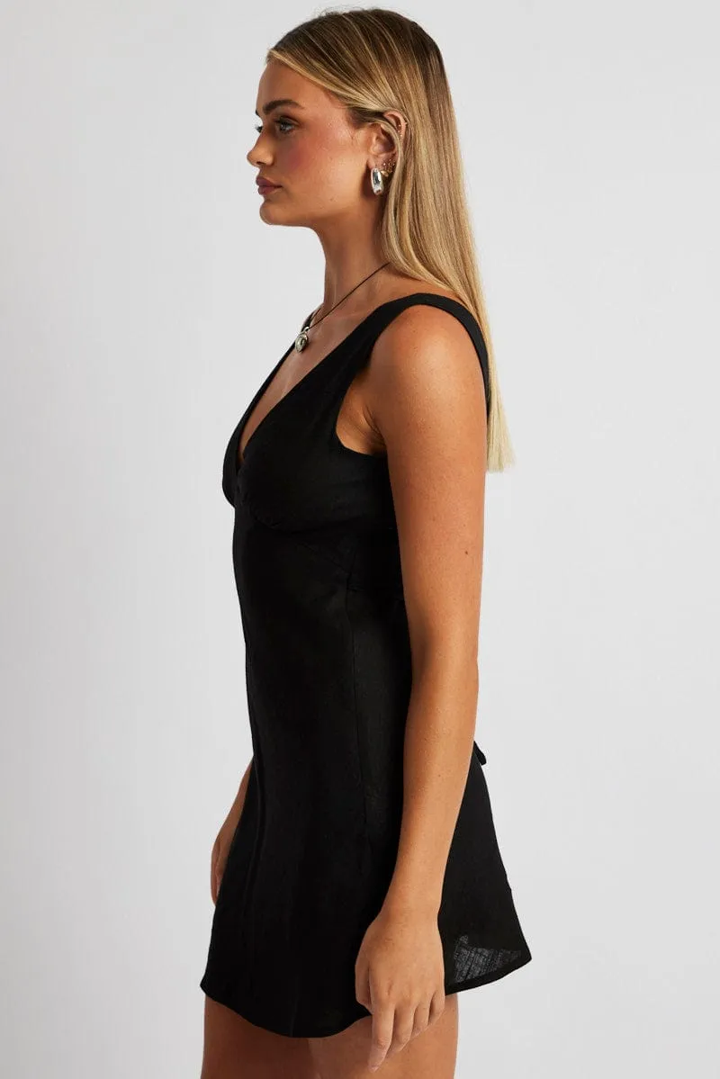 Black A Line Mini Dress Linen Blend