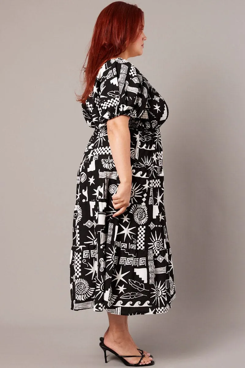 Black Abstract Midi Dress Short Sleeve Shirred Linen Blend