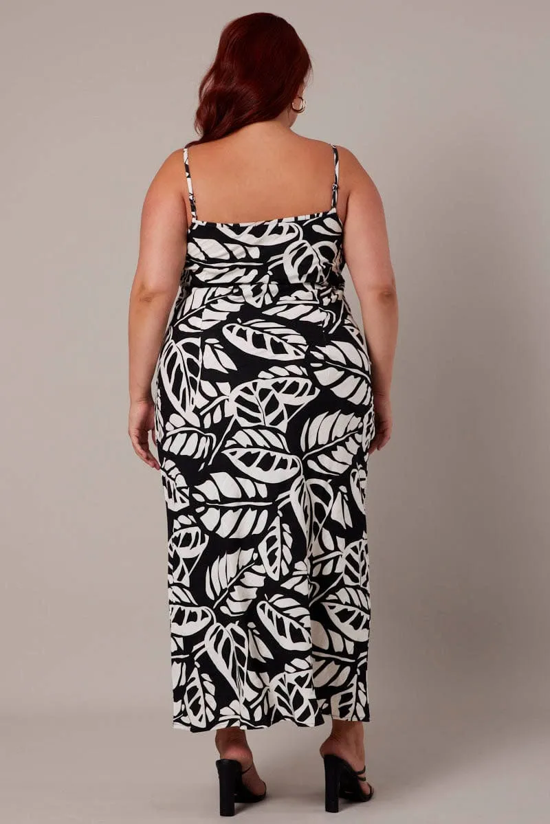 Black Abstract Midi Slip Dress Linen Blend