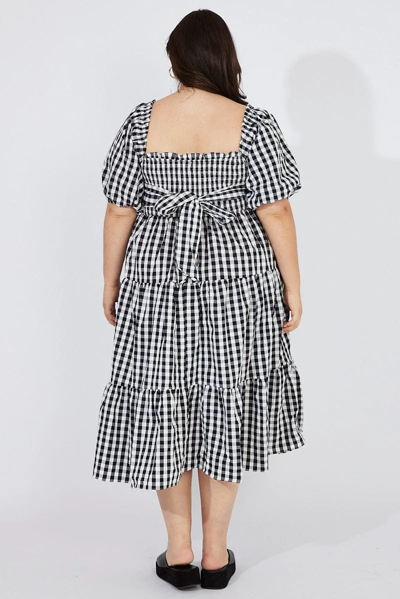 Black Check Midi Dress Short Sleeve Shirred Tie Back