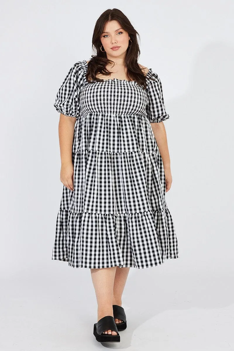 Black Check Midi Dress Short Sleeve Shirred Tie Back