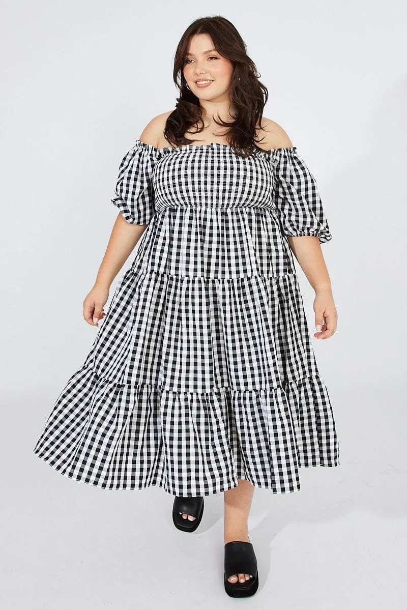 Black Check Midi Dress Short Sleeve Shirred Tie Back