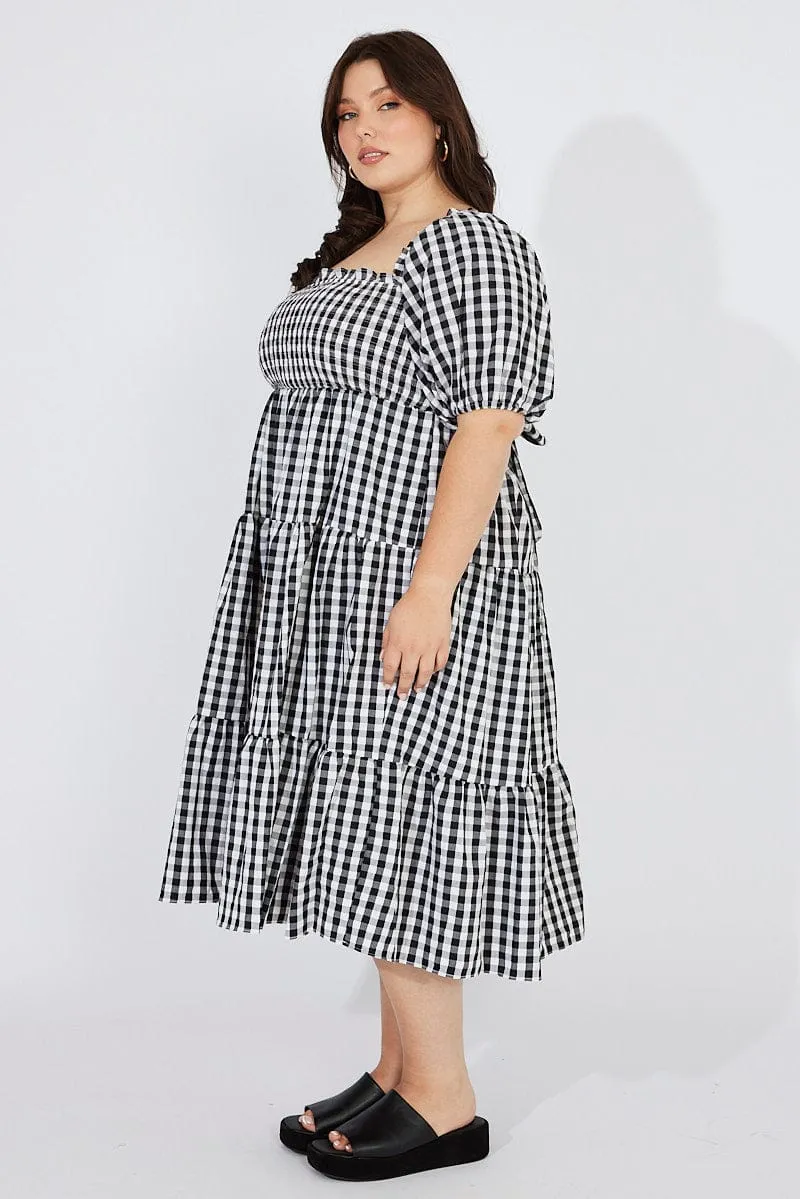 Black Check Midi Dress Short Sleeve Shirred Tie Back