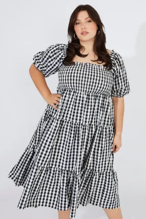 Black Check Midi Dress Short Sleeve Shirred Tie Back