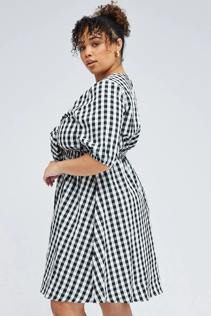 Black Check Mini Dress Tie Gingham Puff Sleeve