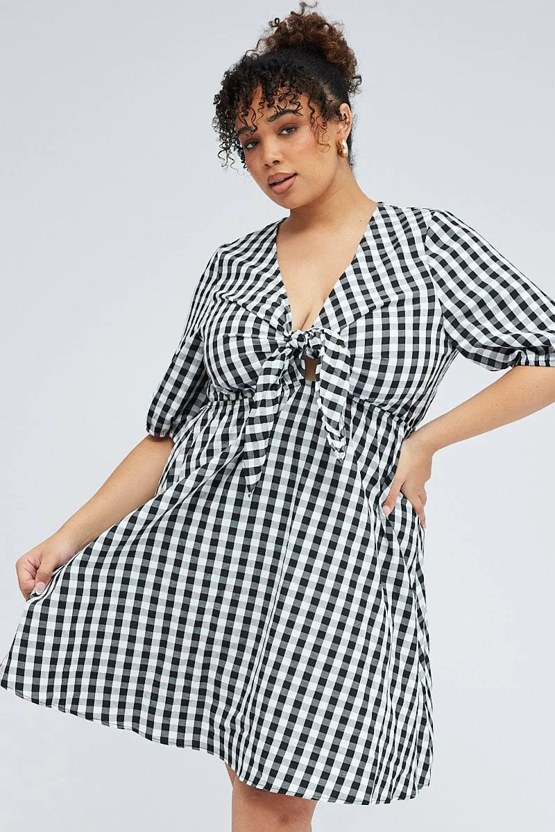 Black Check Mini Dress Tie Gingham Puff Sleeve