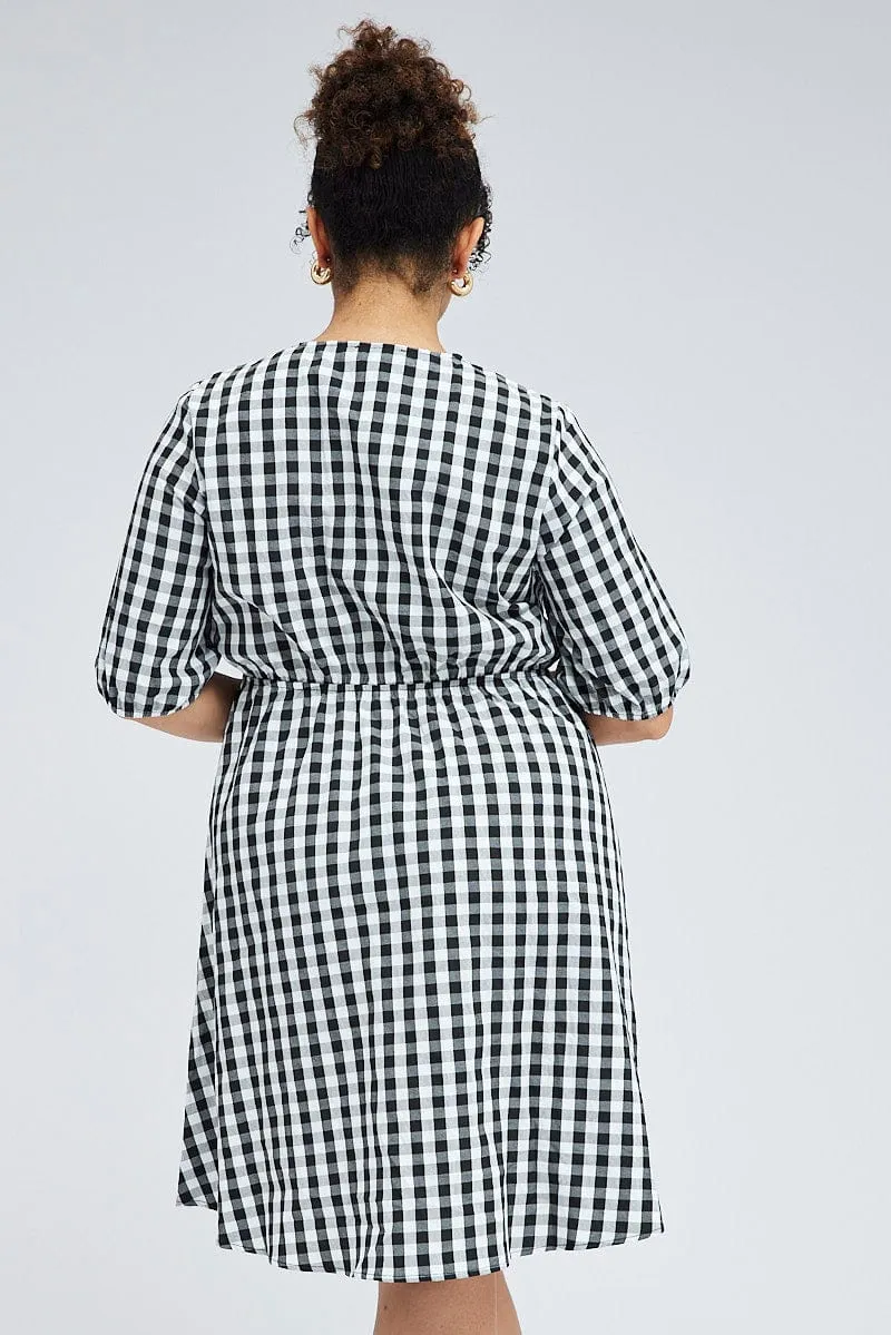 Black Check Mini Dress Tie Gingham Puff Sleeve