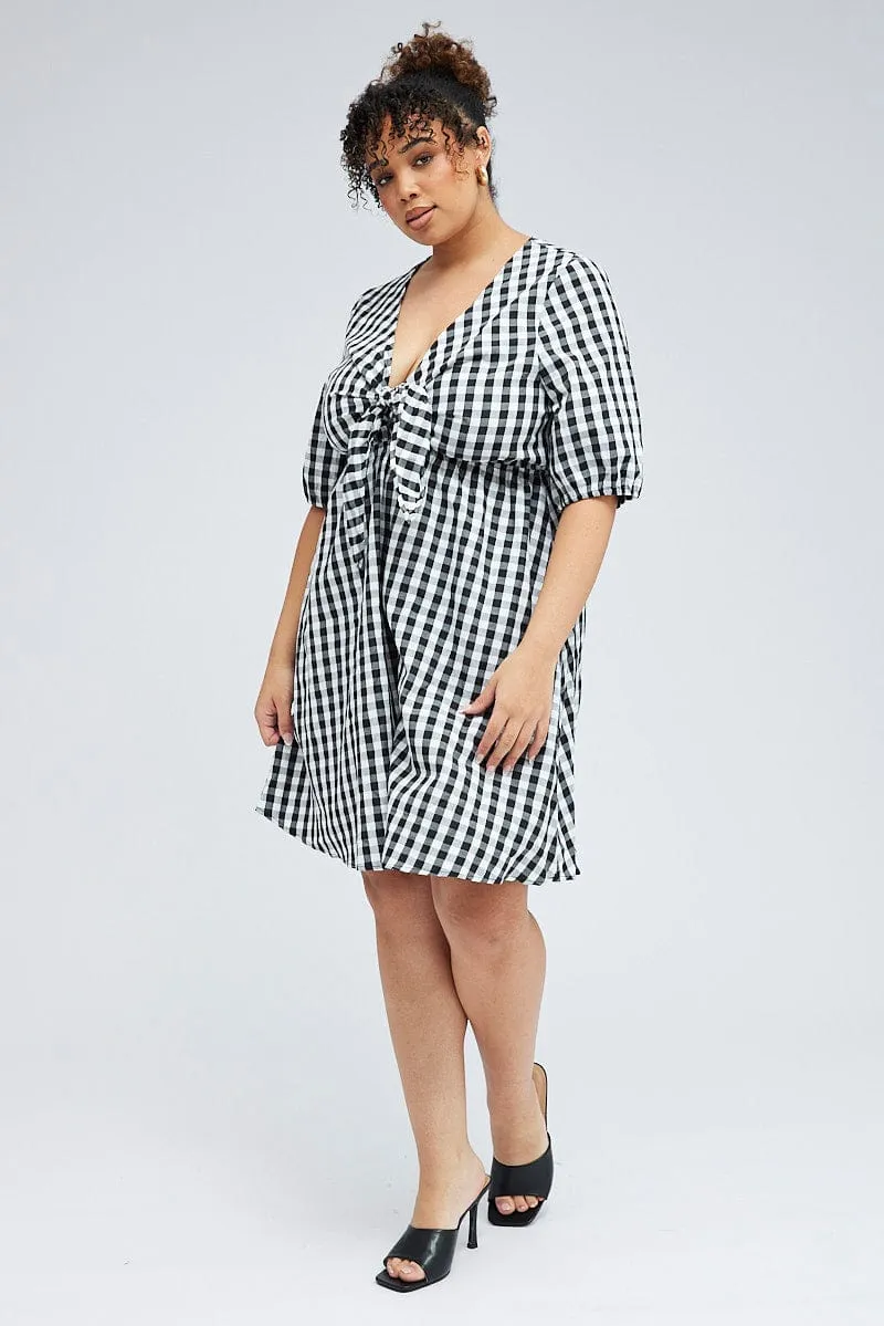 Black Check Mini Dress Tie Gingham Puff Sleeve