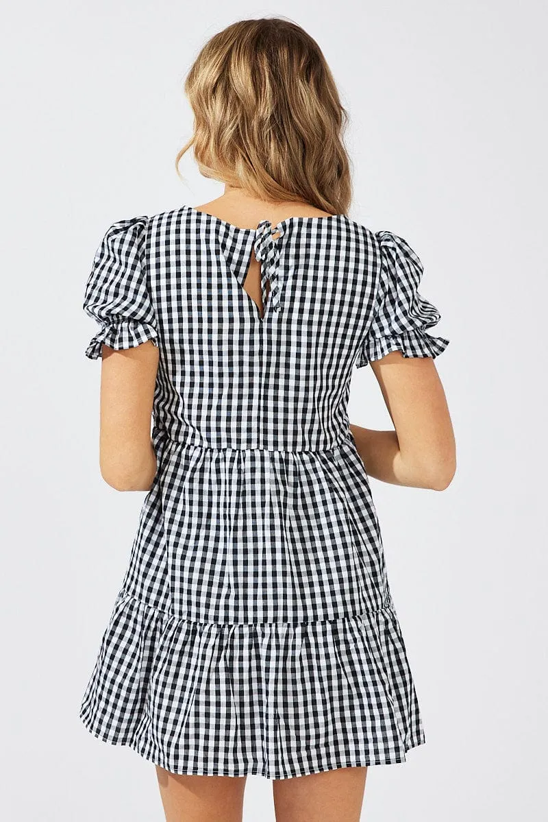 Black Check Smock Dress Short Sleeve Tiered