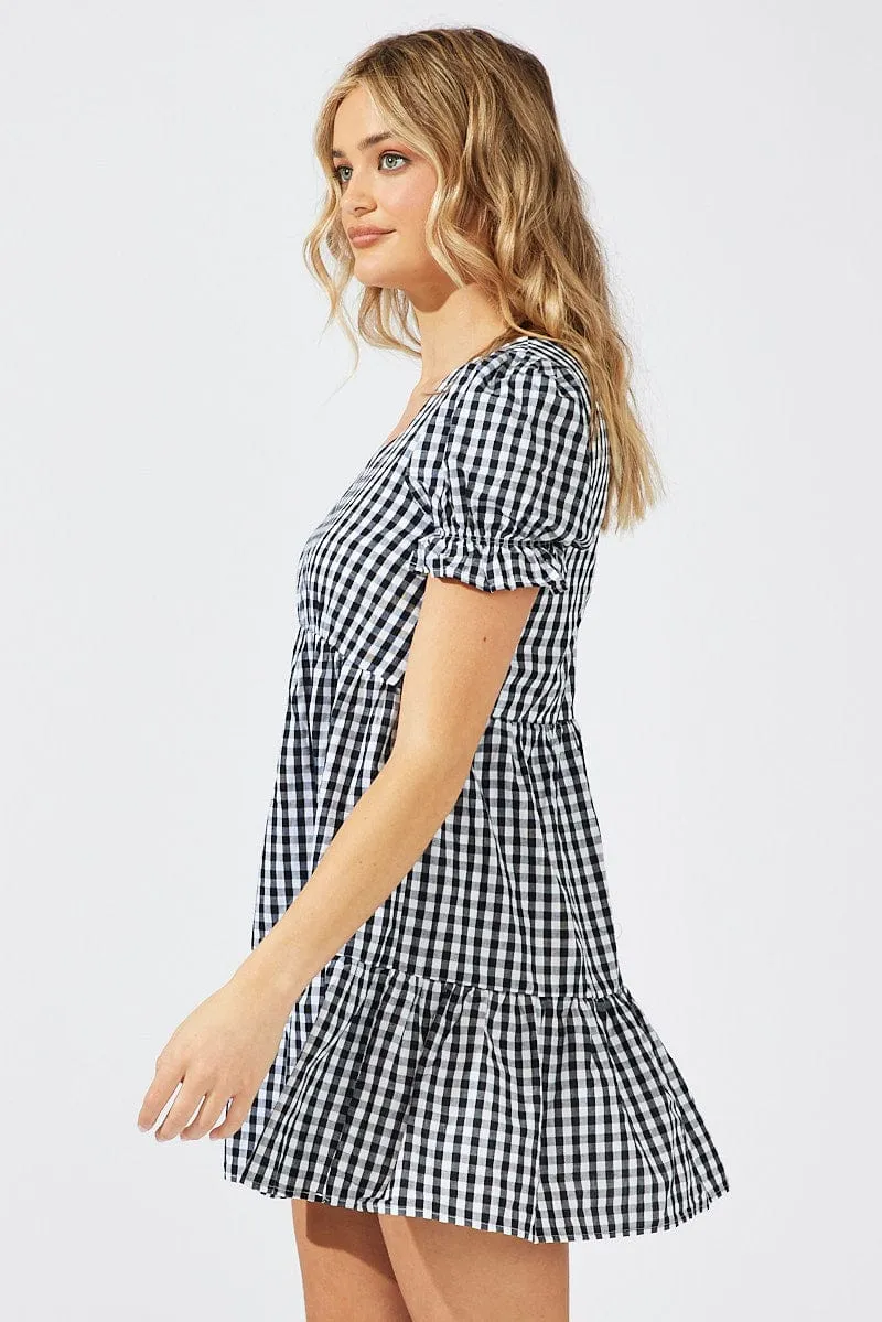 Black Check Smock Dress Short Sleeve Tiered