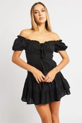 Black Fit And Flare Dress Short Sleeve Eyelet Fabric