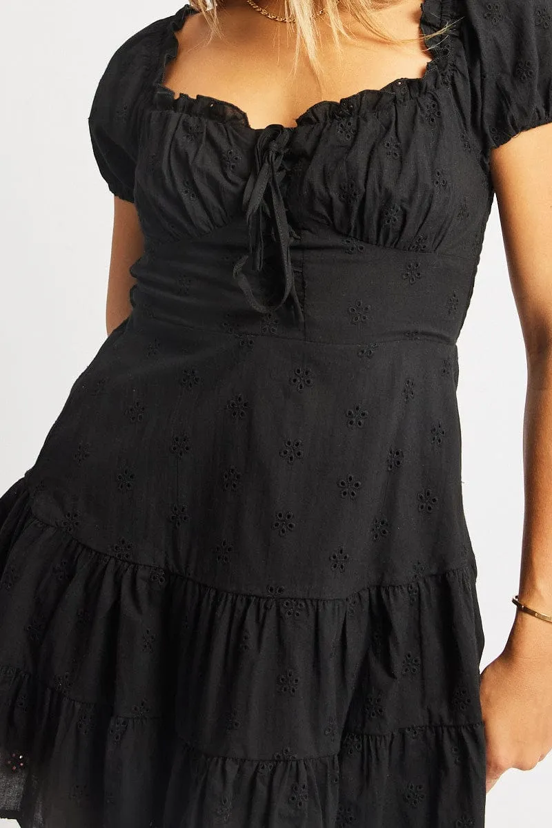 Black Fit And Flare Dress Short Sleeve Eyelet Fabric