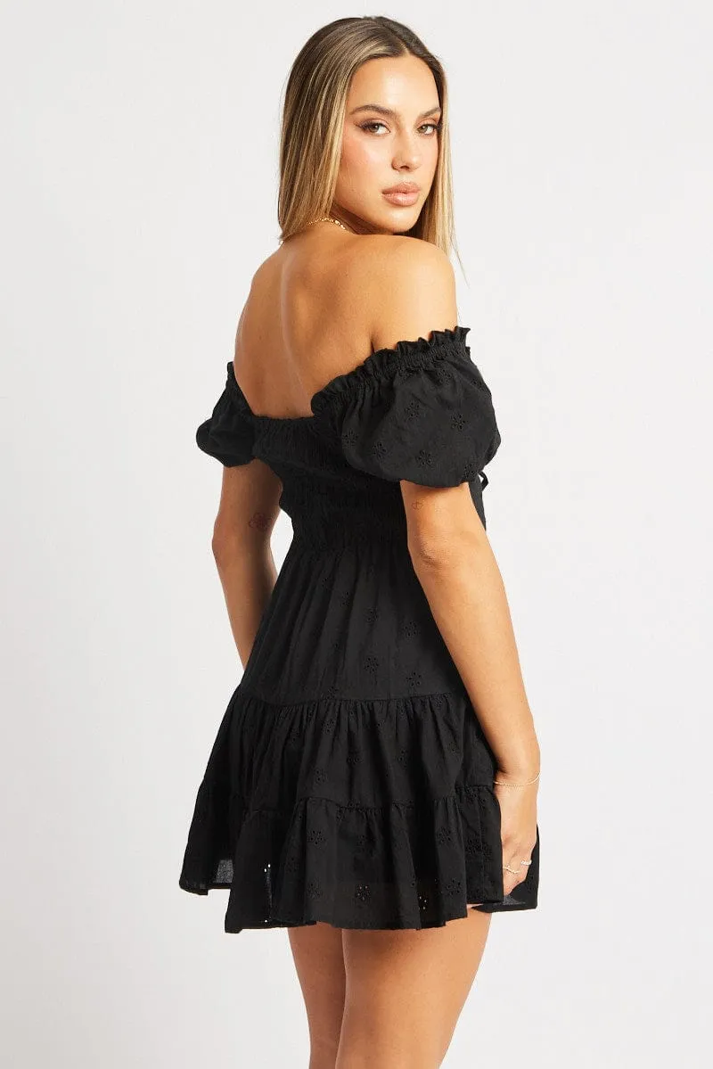 Black Fit And Flare Dress Short Sleeve Eyelet Fabric