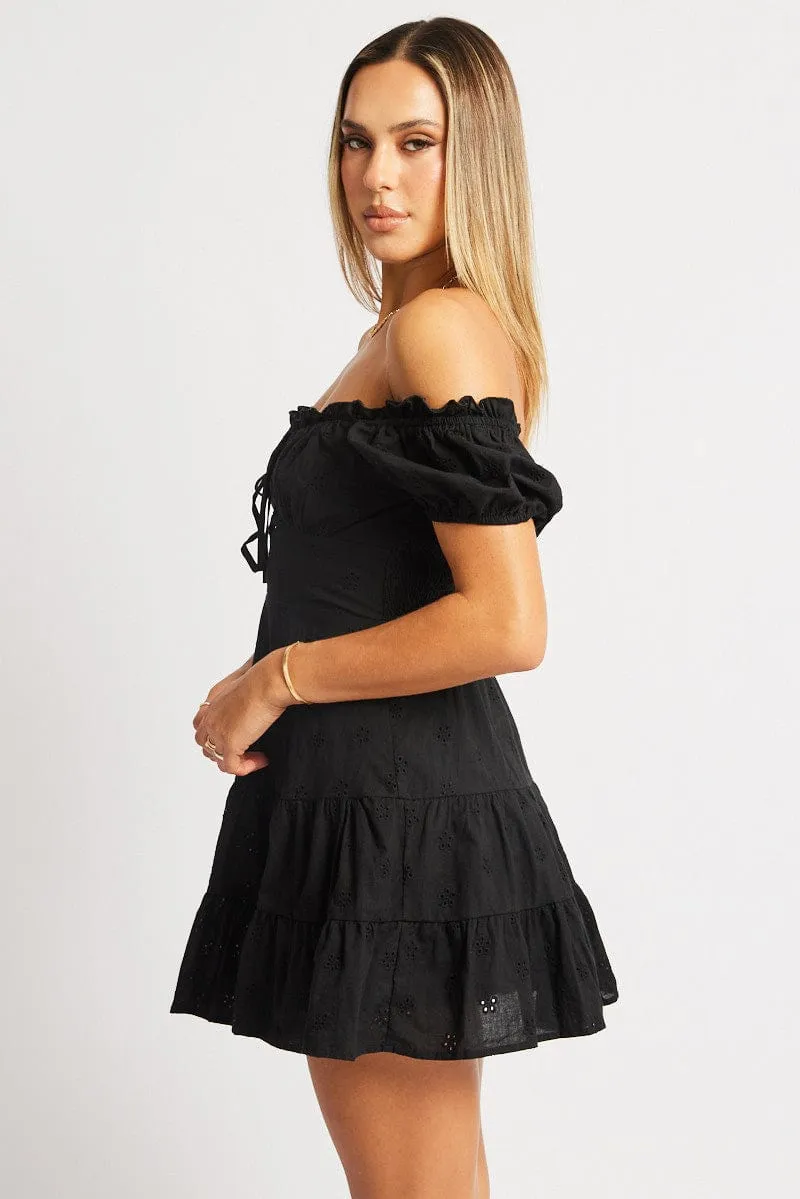 Black Fit And Flare Dress Short Sleeve Eyelet Fabric