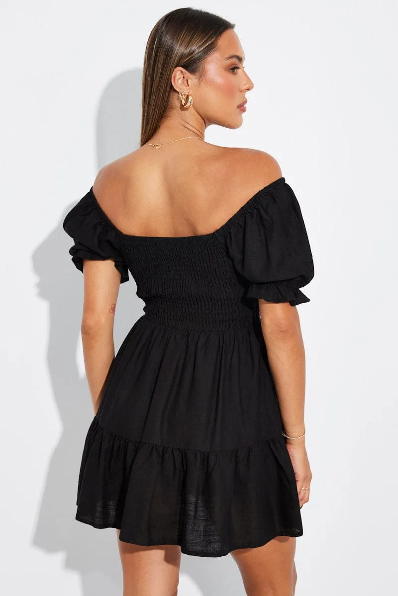 Black Fit and Flare Dress Short Sleeve Linen Blend