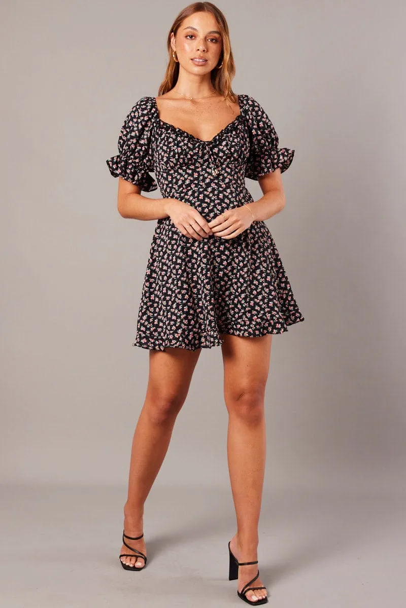 Black Floral Fit And Flare Dress Puff Sleeve