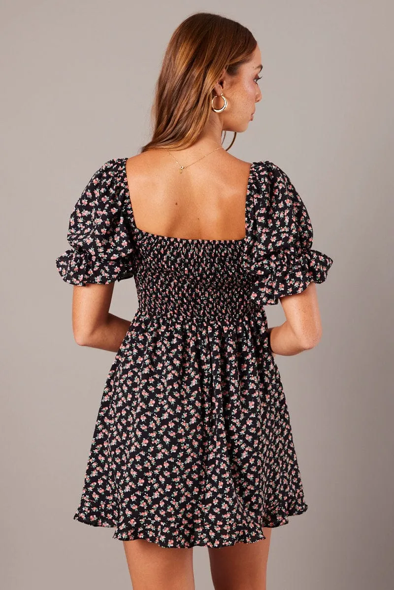 Black Floral Fit And Flare Dress Puff Sleeve