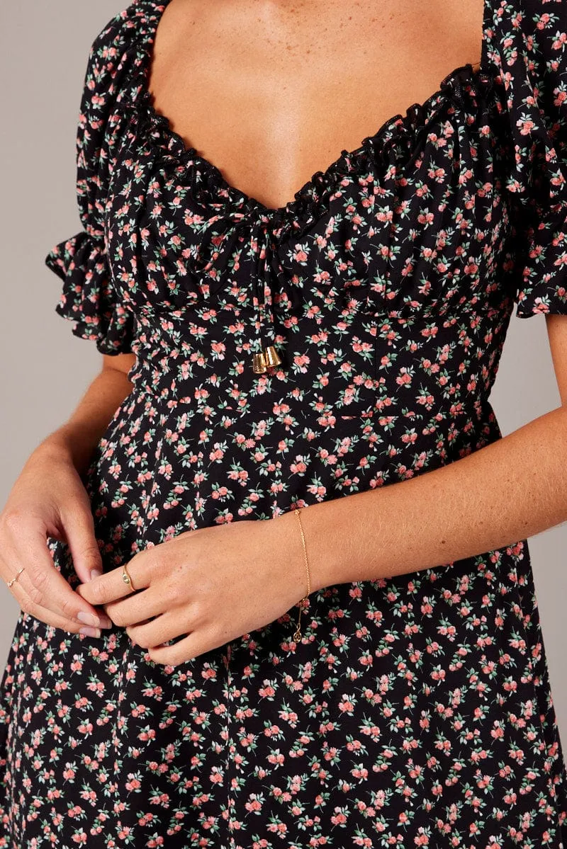 Black Floral Fit And Flare Dress Puff Sleeve