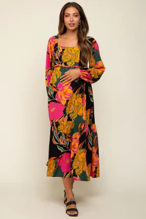 Black Floral Long Sleeve Maternity Midi Dress