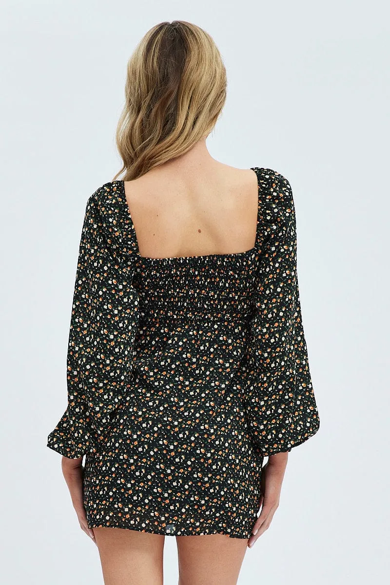 Black Floral Midi Dress Long Sleeve Gathering Bust