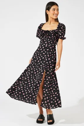 Black Floral Midi Dress Puff Sleeve Midi