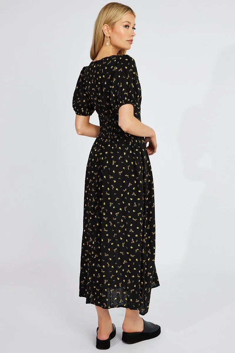 Black Floral Midi Dress Puff Sleeve