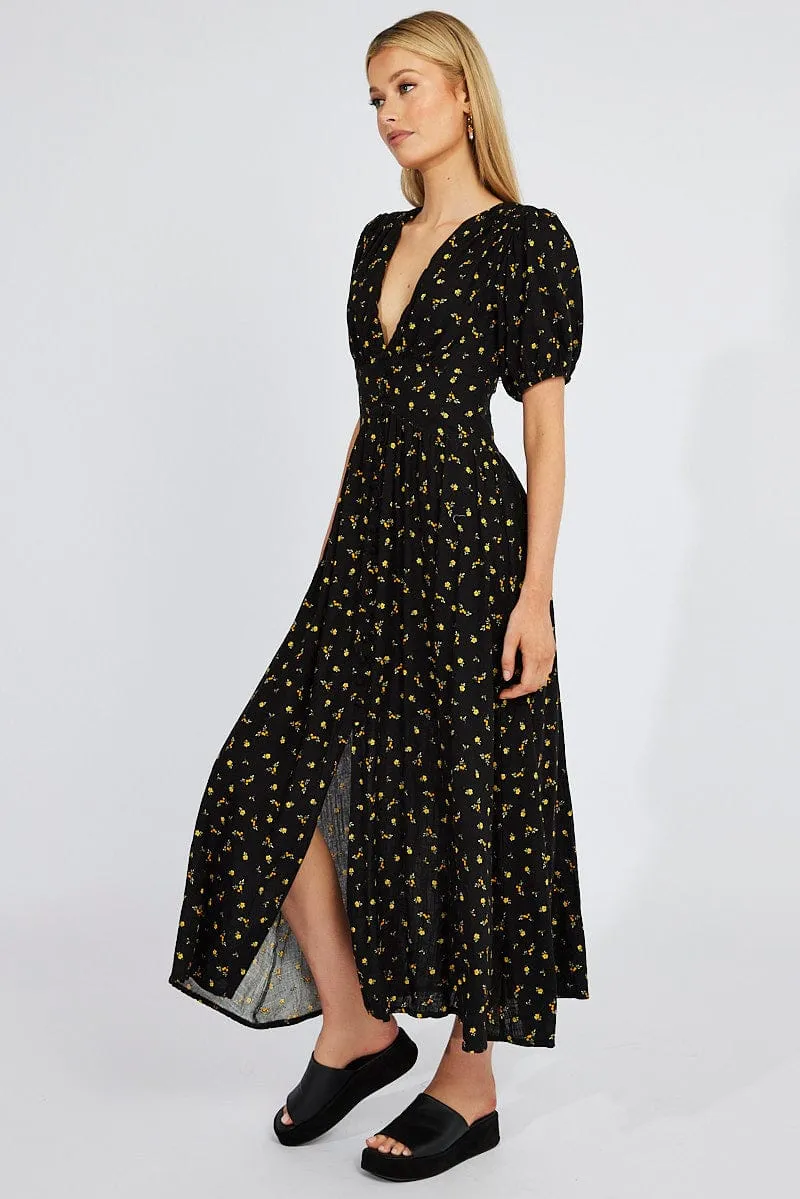 Black Floral Midi Dress Puff Sleeve