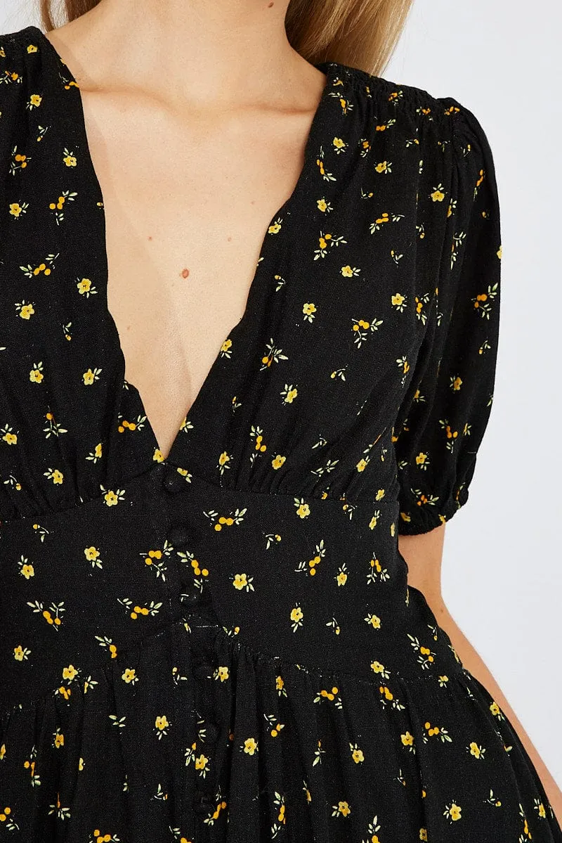 Black Floral Midi Dress Puff Sleeve