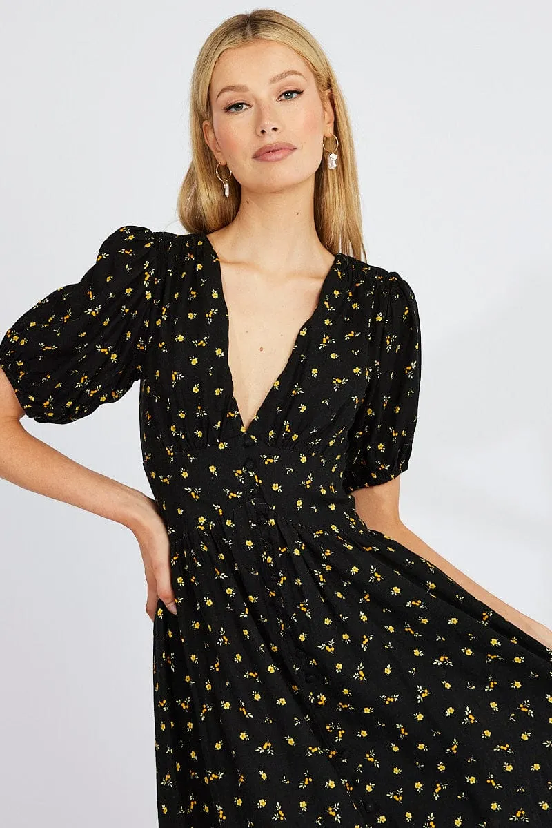 Black Floral Midi Dress Puff Sleeve