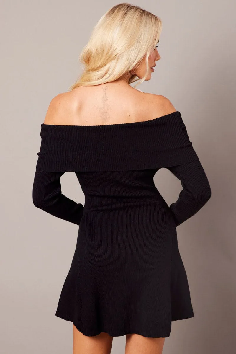 Black Knit Dress Long Sleeve Off Shoulder