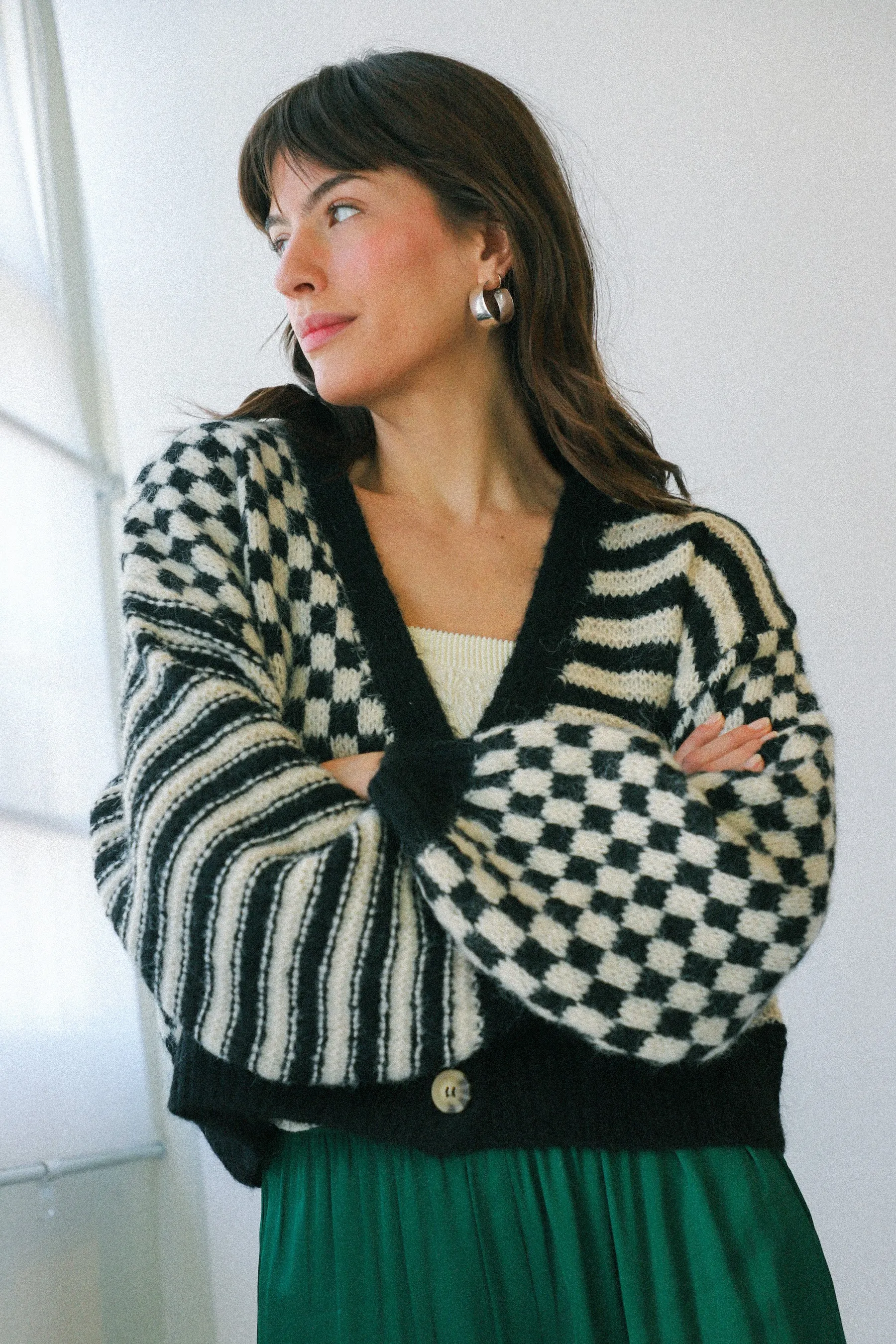 Black Mixed Checker Cardigan