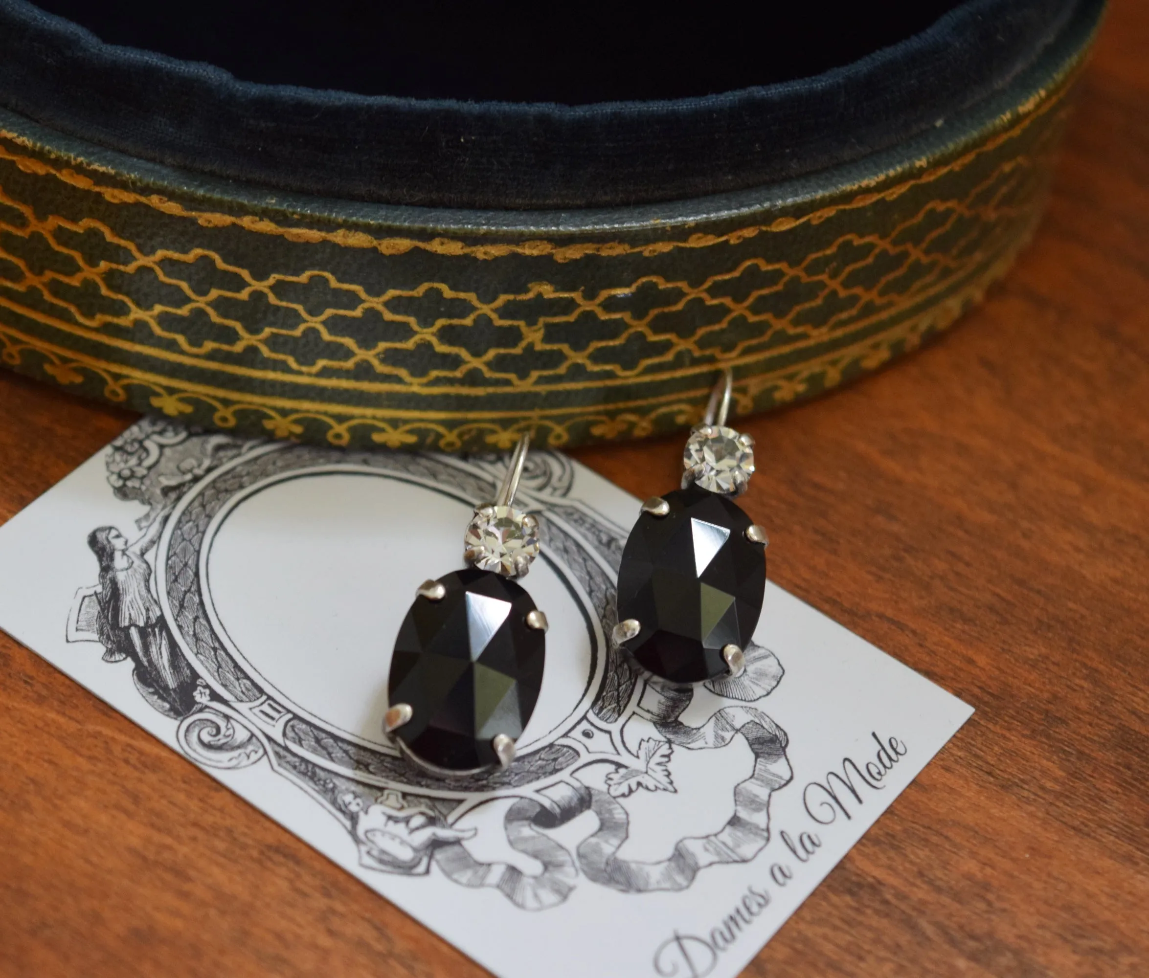 Black Onyx and Crystal 2-Stone Crystal Earrings - Large Oval